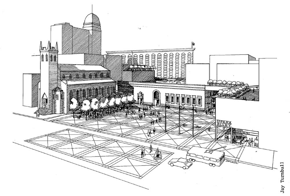 The Sketch of Proposed Integration of Jessie Street Substation Building with Plaza by Jay Turnbull, 1975 (SF Heritage 2025)