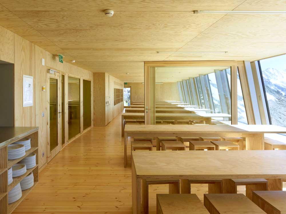 The Refectory of the New Tracuit Mountain Hut Made Out of Wood (Image by Thomas Jantscher)