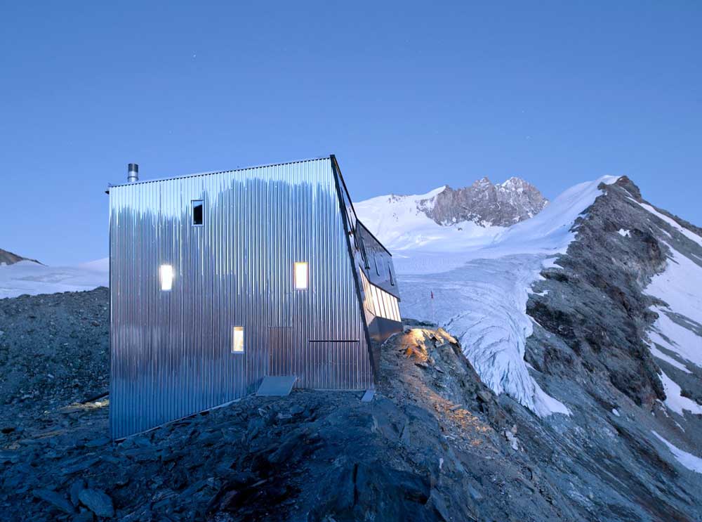 The Corrugated Stainless Steel Panels Constituting the Facades of the New Tracuit Mountain Hut (Image by Thomas Jantscher)