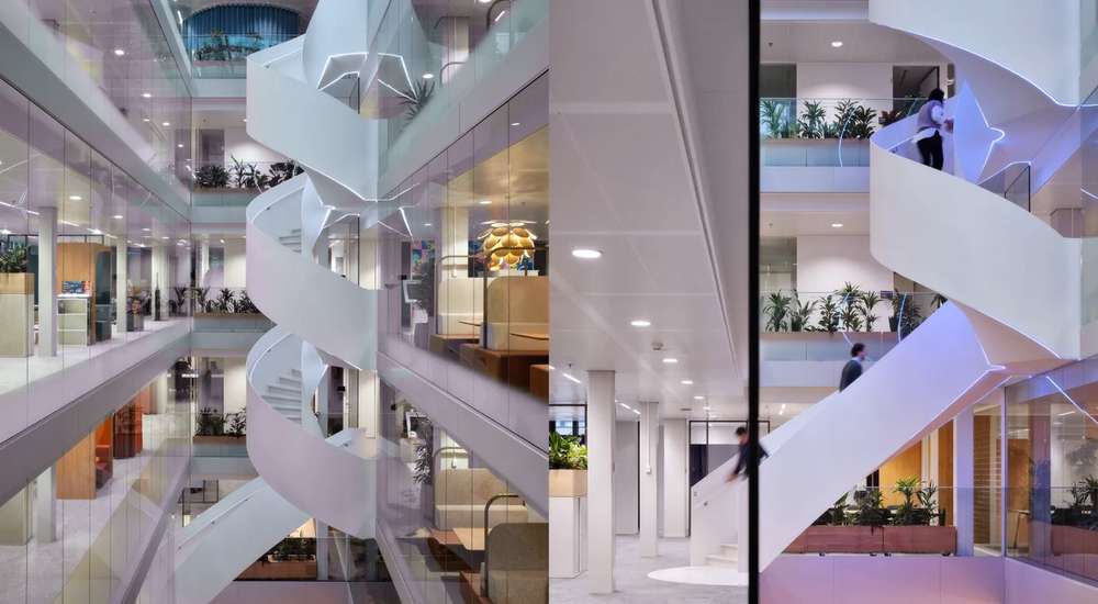 Brushed Stainless Steel Used as Handrails of the Helical Stairs in Philips Global Headquarters (Photo Courtesy of EeStairs)